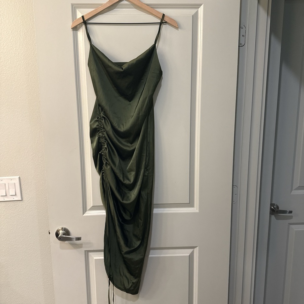 Olive Green Satin High-Low Slip Dress with Side Ruched Draping